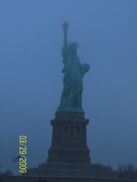 Lady Liberty enshrouded in fog