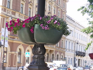 flower baskets on lamp posts