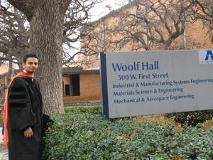 Outside Woolf Hall at UTA