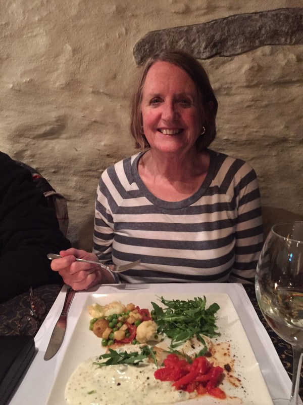 Bobbie enjoying her evening meal at Oleviti Restaurant in Tallinn