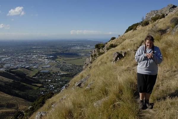 Angelique boven Christchurch met een beetje hoogtevrees