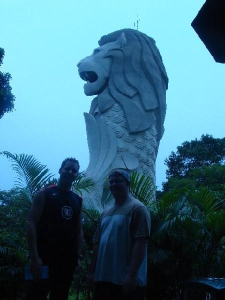 Charlie and Owen next to Merlion