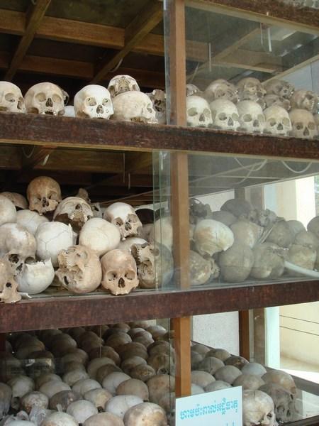 The racks of skulls in the killing fields