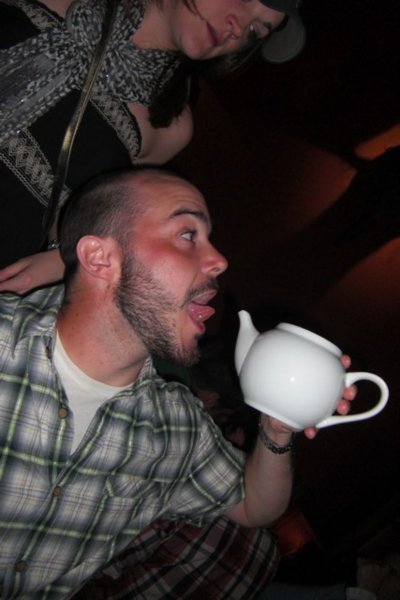 Mikey showing us hows the teapot shots should be drunk