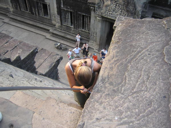 A steep ascent from the top of Angkor Wat