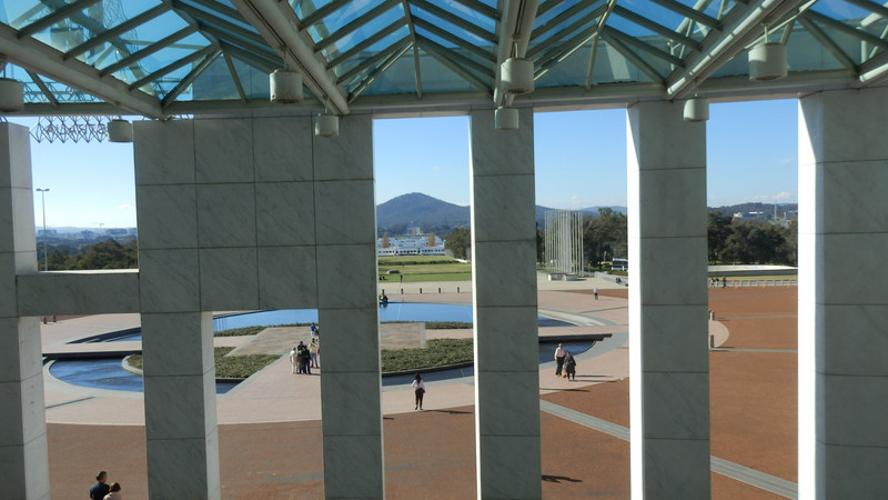 Parliament House – from the café courtyard looking towards Old Parliament House and the War Memorial