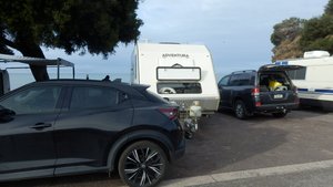 A bit of a challenge! Not our car, but our caravan preparing to leave.