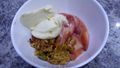 Dessert – Poached strawberries with vanilla ice-cream and crumble