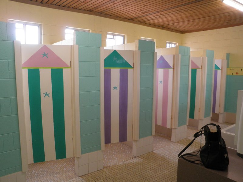 Colourful toilet doors at the caravan park