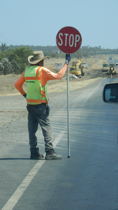 One final stop for road works on the outskirts of Moranbah