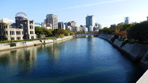 Hiroshima contrasting the atomic dome with the river side boulevard. 