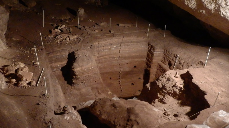 An active fossil dig in Blanche cave.  The white layers are ancient bat dung.