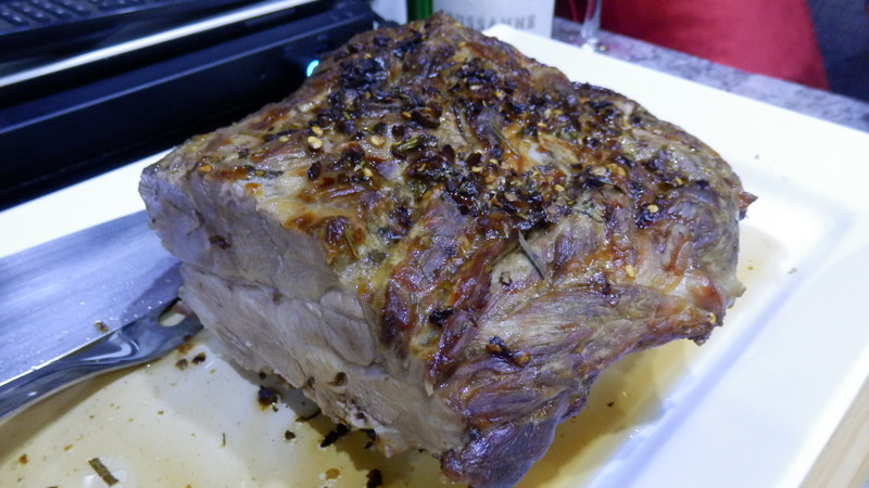 A pork neck is roasted in the turbo-oven; a great dinner and cold meat for the next few lunches