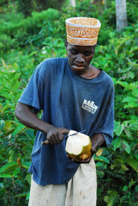Cutting up coconut at the spice plantation.