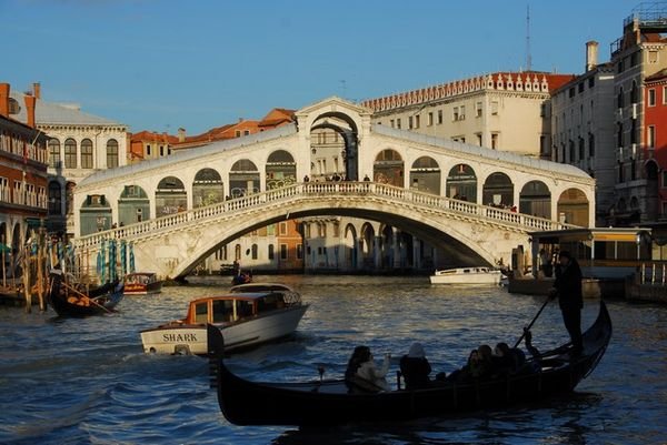 Gondolas and the Realto Bridge in Venice.
