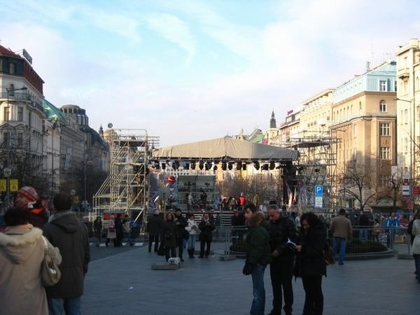 Getting ready for the New Years celebration in Wenceslas Square.