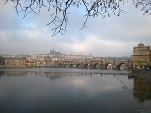 Overlooking River Vltava and the Charles Bridge to Prague Castle.