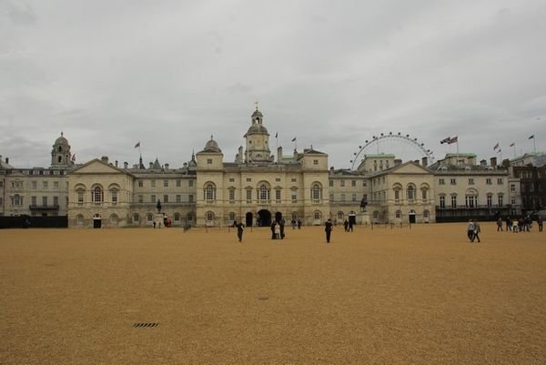 Horse Guards Parade with the London Eye in the background.