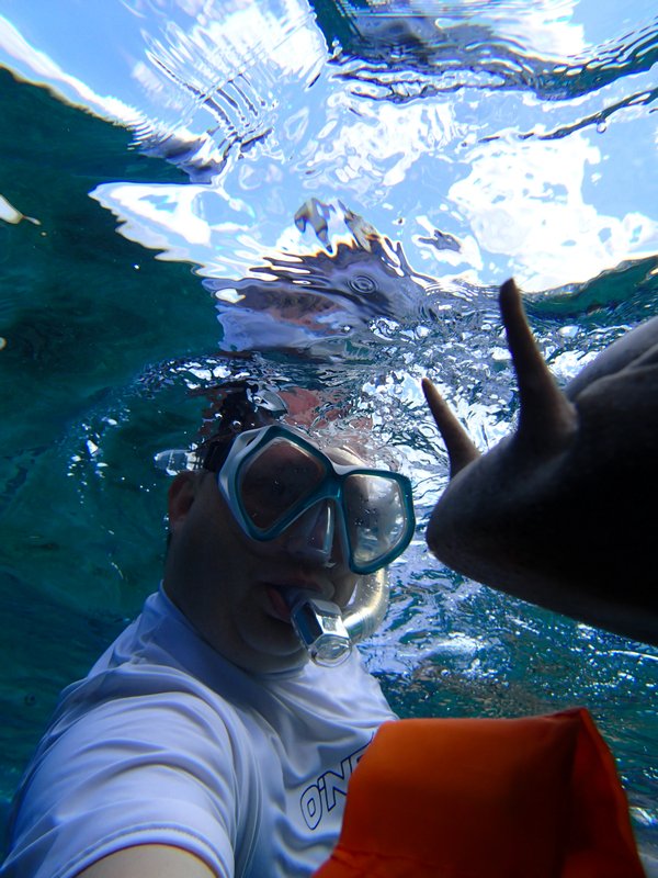 Clay taking a self-pic of him and upside down shark.