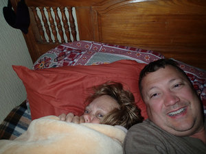 Ann as I wake her up for her B-day... she was very happy with me!  LOL!