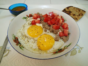 Leftover kefta made a second meal... breakfast of eggs and kefta!