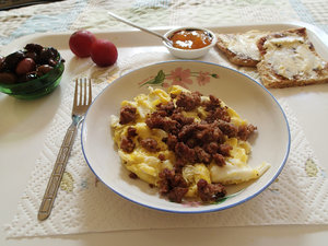 Scrambled eggs and kefta... No, not leftover from days ago!  LOL!