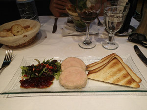 Foie gras, quince jelly (gelatin, actually), field greens salad and toast points.  Wonderful!!!