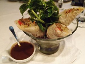 Beef spring rolls with chinois noodles with a beef dipping sauce... please note the abundance of mint.  (not sure it was needed, but it didn't hurt.)