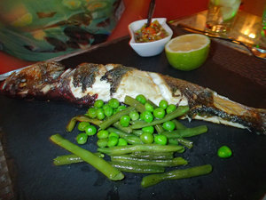 Ann had roasted fish with fresh bean and peas!