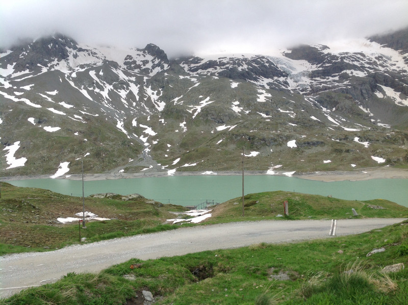 View of glacial lake from Bernina Red train