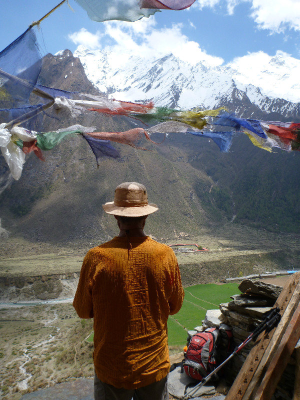 Prayer flags and high mountains.