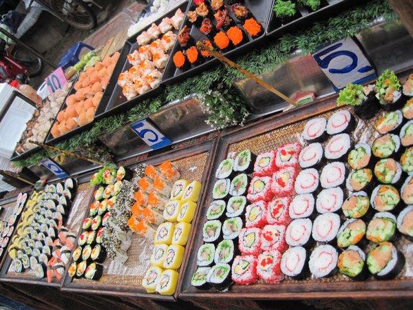 Sushi stall at the Sunday market