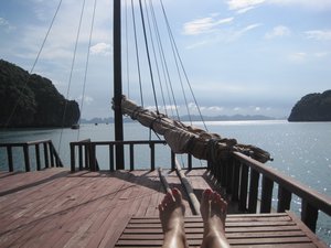 It's a hard life chillaxing on a boat in the sun on Halong Bay!