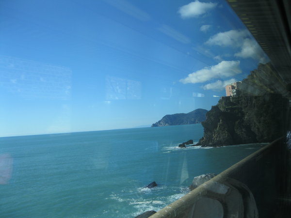 First view of Cinque Terre coast from the train