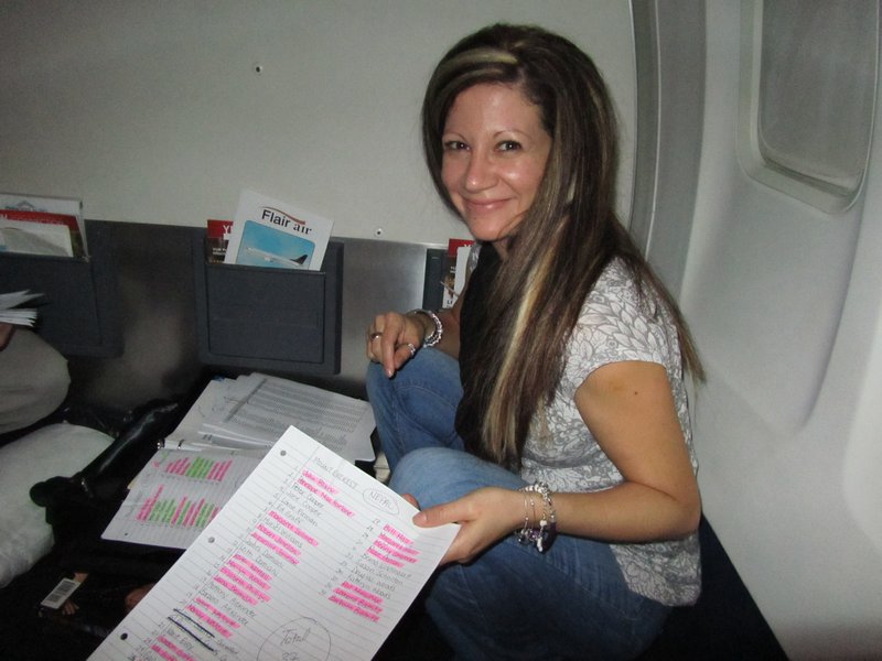 Mary, hard at work on the plane!