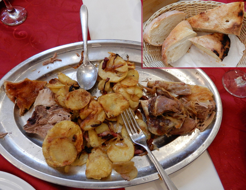 Lamb and pork with roast potatoes and onions