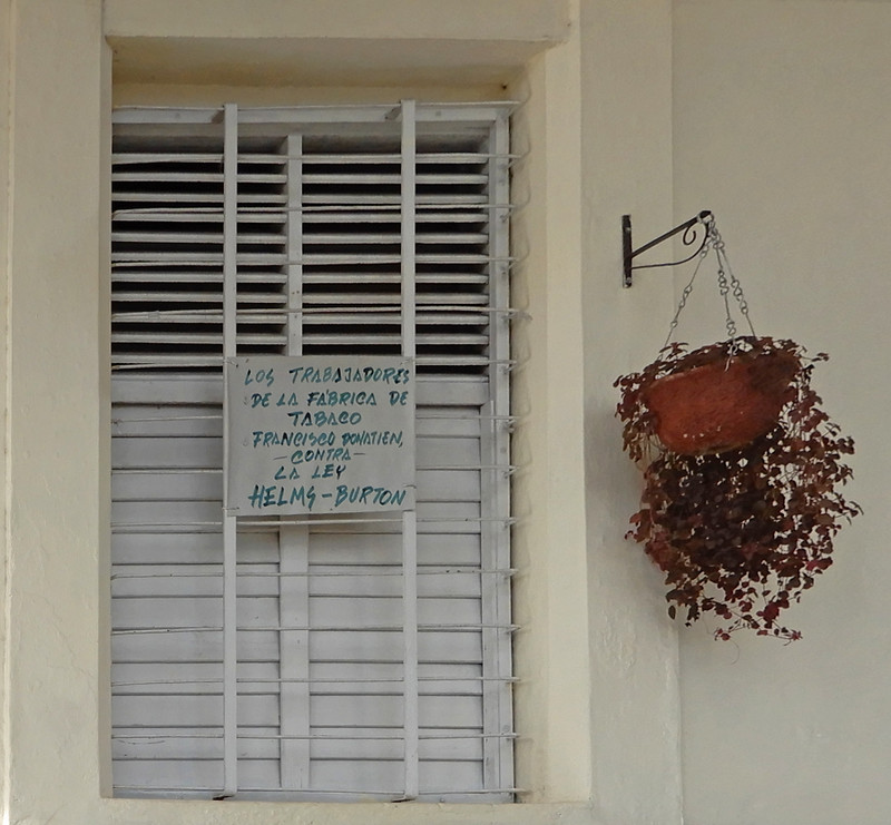 Francisco Donatien cigar factory with sign protesting US sanctions