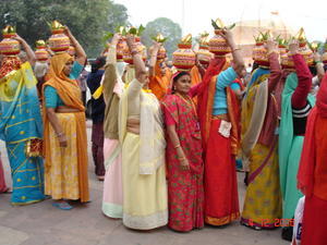 Colourful melee outside temple