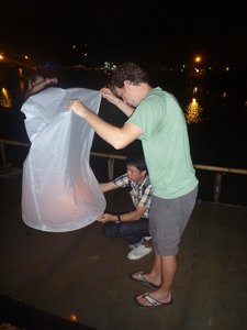 Nick getting advice from a local on how to light a Chinese Lantern