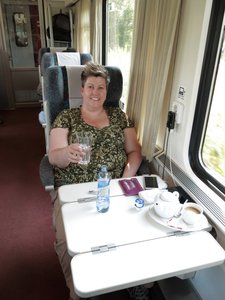 Cheryl enjoying first class on the train