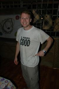 Daniel with leech stains and the classic "I feel good" shirt
