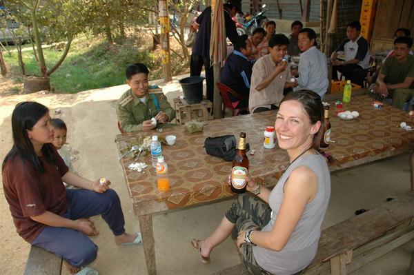 Typically relaxed Laos border guard sharing lunch with us