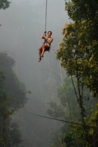 Trace coming through the mist on a zip line