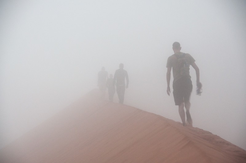 Walking to the top of Dune 45 after getting up at 4am to catch the sunrise, waited but the fog didn't clear!! Haha.