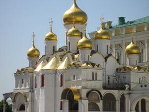 Many Gold turrets belonging to a church inside the Kremlin.