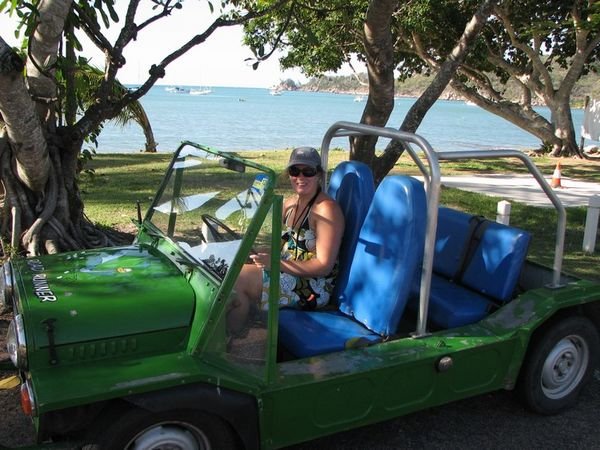 Vicky and our 'Road Runner' Moke.