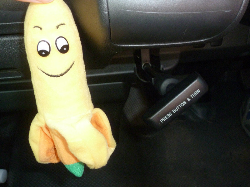 Barry the Banana next to the hand brake
