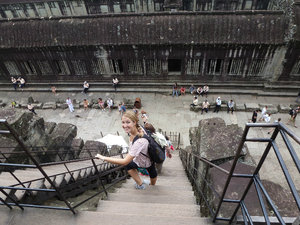 Angkor Wat - Hazel climbs down the steep steps