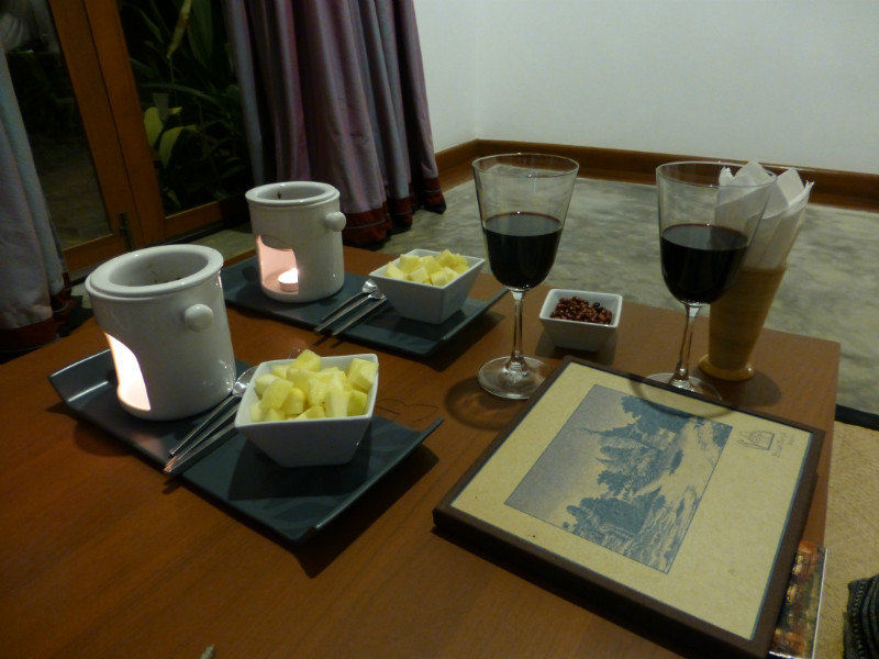 Anniversary fondue and wine