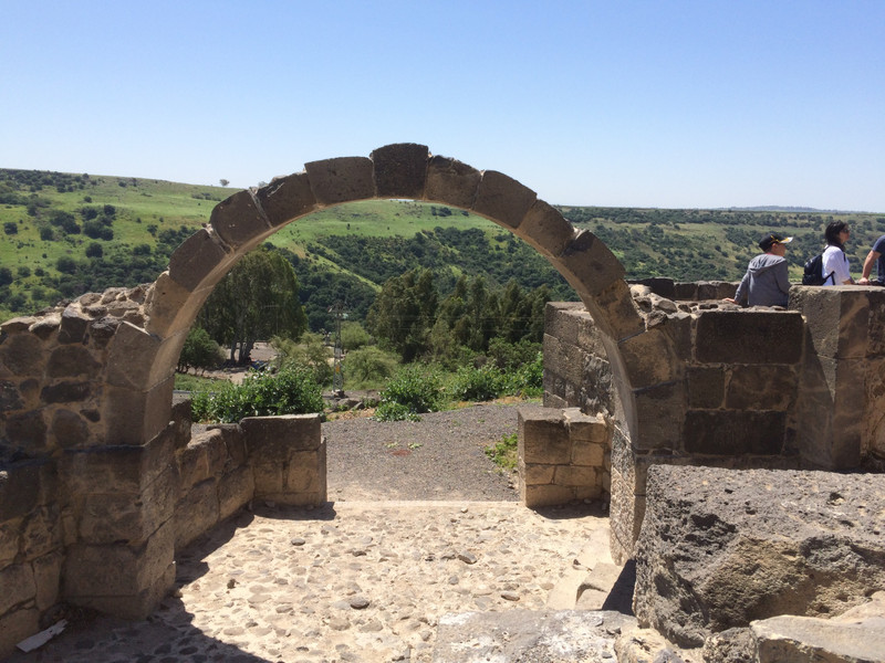 view through Arch of Dir Aziz synagogue looking toward Kinneret